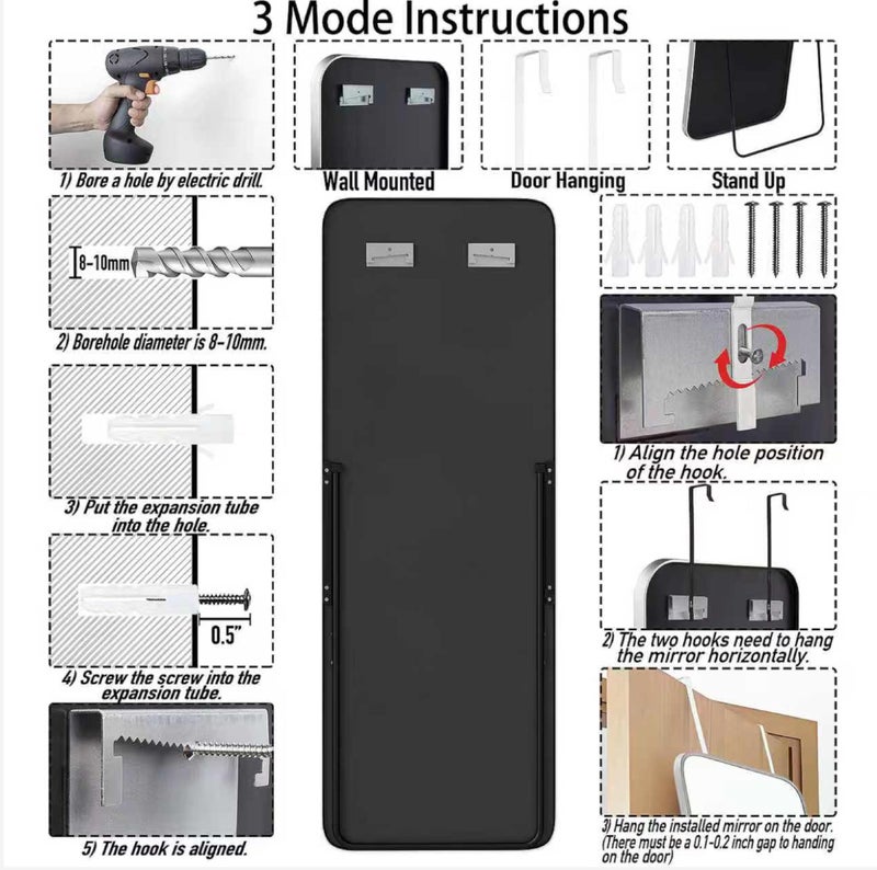 SCWF-GZ 57x20 Door Hanging Full Length Mirror, Floor Stand (Height 5.7ft just Body in1.3ft) Wall Mounted Metal Frame Rectangle Dressing Mirrors for Bedroom Room 57 inch Silver - Image 5