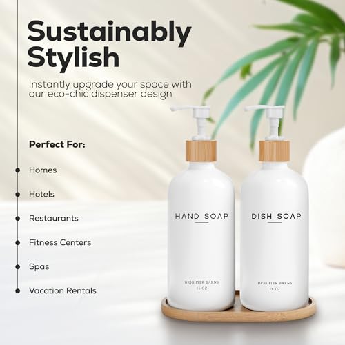 Brighter Barns White Glass Hand and Dish Soap Dispenser Set by Brighter Barns - Kitchen Soap Dispenser Set with Tray - Glass Bottles for Kitchen Sink - Housewarming Gift, Countertop Decor, Boho Home Decor (White) - Image 2