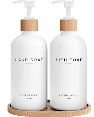 Brighter Barns White Glass Hand and Dish Soap Dispenser Set by Brighter Barns - Kitchen Soap Dispenser Set with Tray - Glass Bottles for Kitchen Sink - Housewarming Gift, Countertop Decor, Boho Home Decor (White) - Image 1