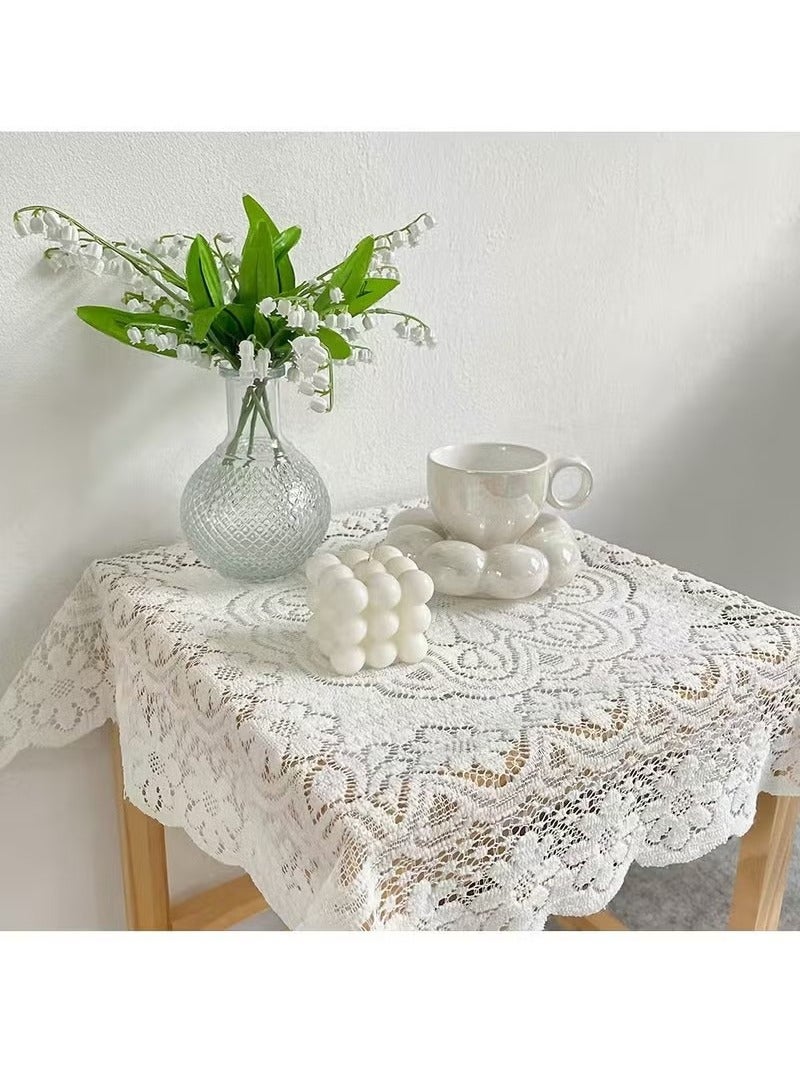 Lace Square Tablecloth 90 x 90 cm Elegant White Bedside Table Cover Embroidery Flower Design Table Overlays Dust Proof Cover Table Cloth Mat Bedroom Decor - Image 5