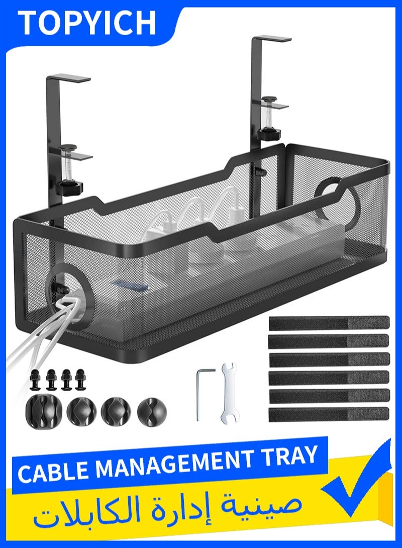 توبيتش تنظيم الكابلات - 15.7 بوصة منظم كابلات تحت المكتب، صينية منظم أسلاك مع مشدود للمنزل والمكتب (أسود) - Image 1