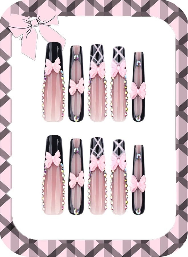 BYJKYEN 24Pcs Black Pink Press on Nails Long Square French Tip Fake Nails with Bow Charms Rhinestones Design Glossy Stick on Nails Full Cover Coffin Acrylic Nail for Women Party Daily Wear - Image 2