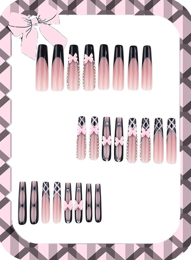 BYJKYEN 24Pcs Black Pink Press on Nails Long Square French Tip Fake Nails with Bow Charms Rhinestones Design Glossy Stick on Nails Full Cover Coffin Acrylic Nail for Women Party Daily Wear - Image 4