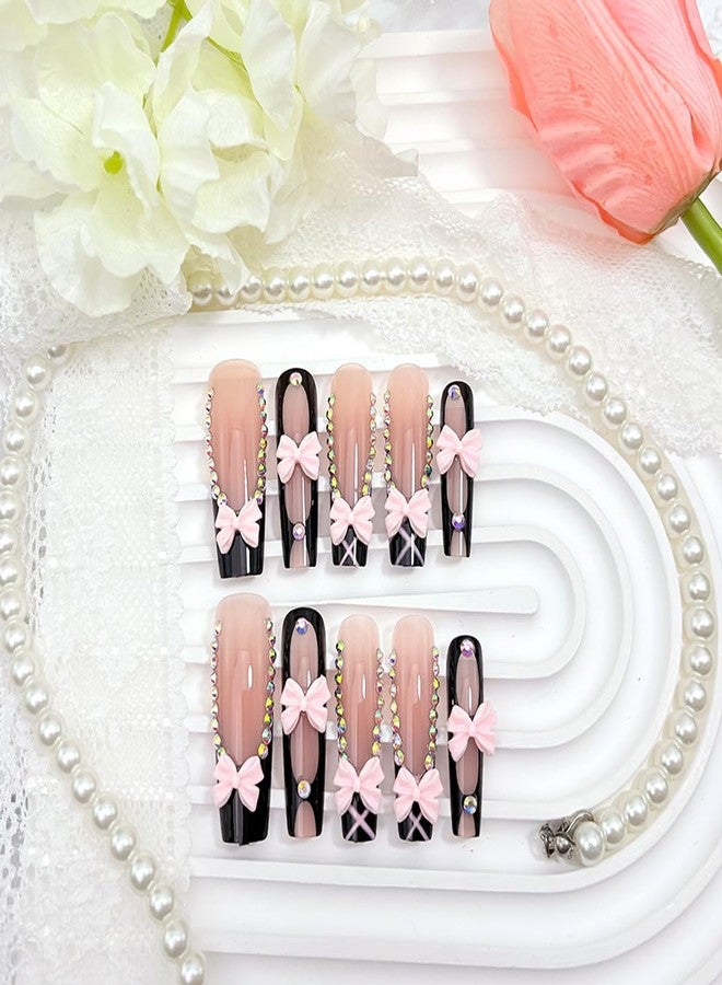 BYJKYEN 24Pcs Black Pink Press on Nails Long Square French Tip Fake Nails with Bow Charms Rhinestones Design Glossy Stick on Nails Full Cover Coffin Acrylic Nail for Women Party Daily Wear - Image 5