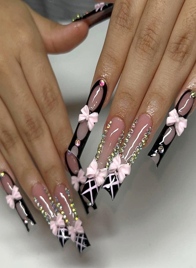 BYJKYEN 24Pcs Black Pink Press on Nails Long Square French Tip Fake Nails with Bow Charms Rhinestones Design Glossy Stick on Nails Full Cover Coffin Acrylic Nail for Women Party Daily Wear - Image 1