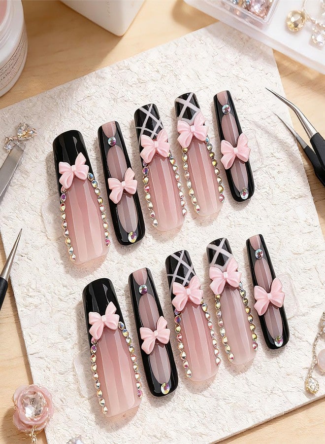 BYJKYEN 24Pcs Black Pink Press on Nails Long Square French Tip Fake Nails with Bow Charms Rhinestones Design Glossy Stick on Nails Full Cover Coffin Acrylic Nail for Women Party Daily Wear - Image 3