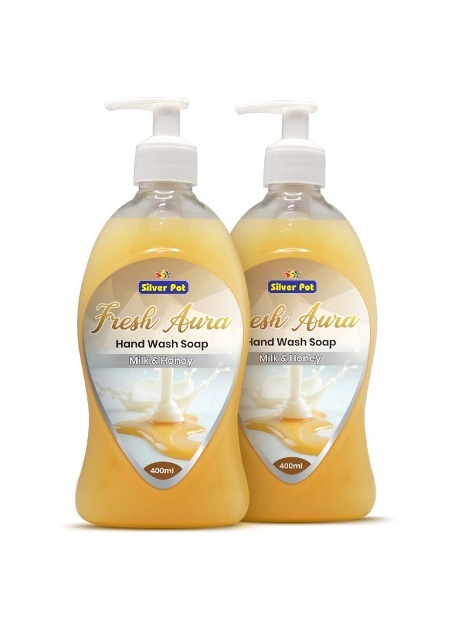 Silver Pot - Fresh Aura, Milk & Honey Hand Wash, Pack of 2 x 400ml each, Moisturizing Liquid Soap, Gentle Cleansing, Effective Germ Protection, Refreshing Tropical Fragrance, 10x Odor Removal - Image 1