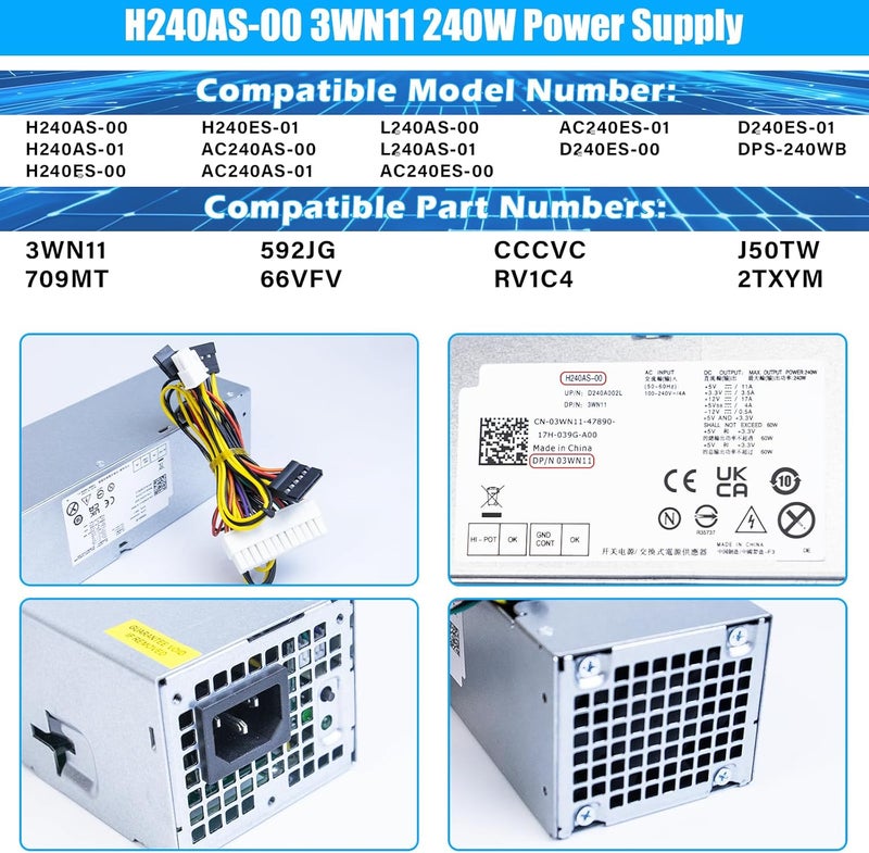 S-Union 240W Power Supply for Dell Optiplex 390 790 960 990 3010 7010 9010, Only for Small Form Factor SFF H240ES-00 D240ES-00 AC240AS-00 AC240ES-00 DPS-240WB LB 240AS 00 H240AS-00 3WN11 - Image 2