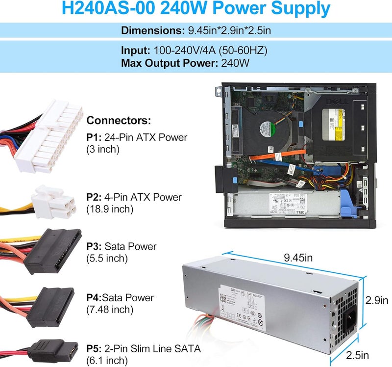 S-Union 240W Power Supply for Dell Optiplex 390 790 960 990 3010 7010 9010, Only for Small Form Factor SFF H240ES-00 D240ES-00 AC240AS-00 AC240ES-00 DPS-240WB LB 240AS 00 H240AS-00 3WN11 - Image 4