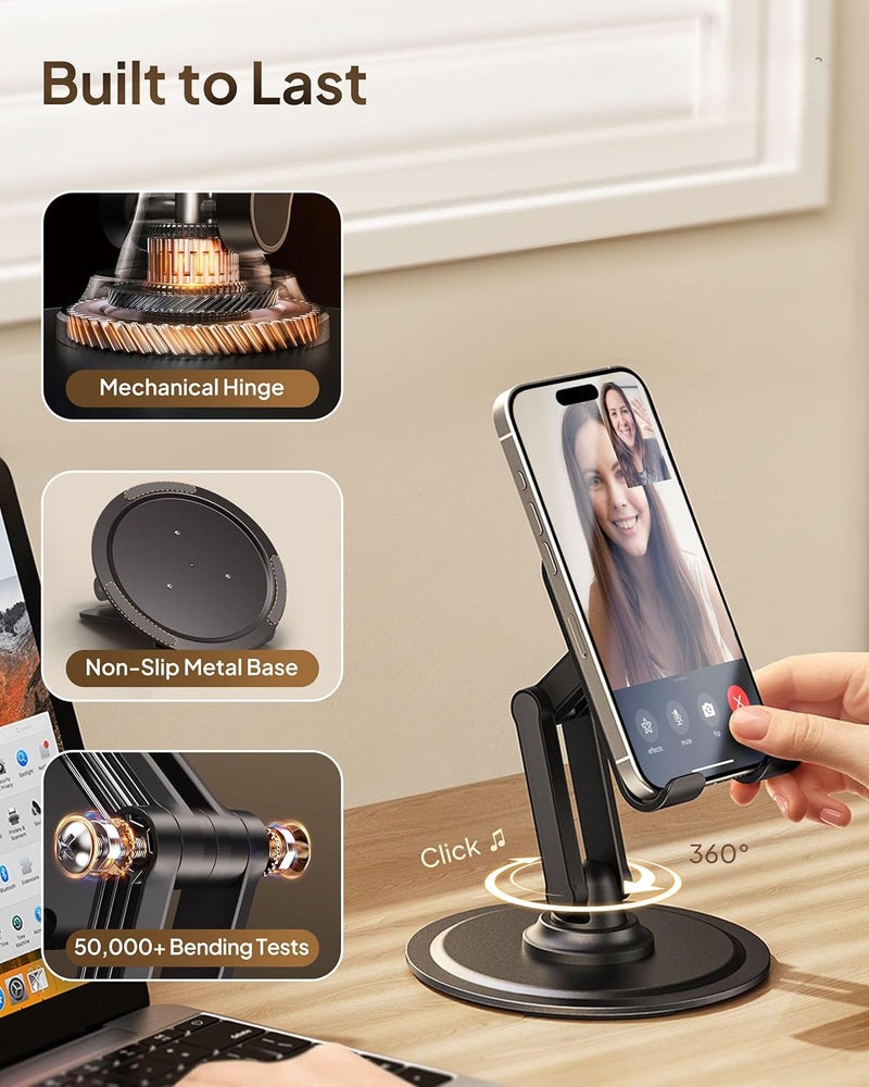 كوبر حامل Cooper 360° - حامل هاتف محمول قابل للتعديل للمكتب | دوران 360° بنقرة واحدة، زوايا متعددة، قاعدة معدنية غير قابلة للانزلاق، قابل للطي ومحمول | حامل آيفون للمكتب، حامل هاتف محمول (أسود بيانو) - Image 4