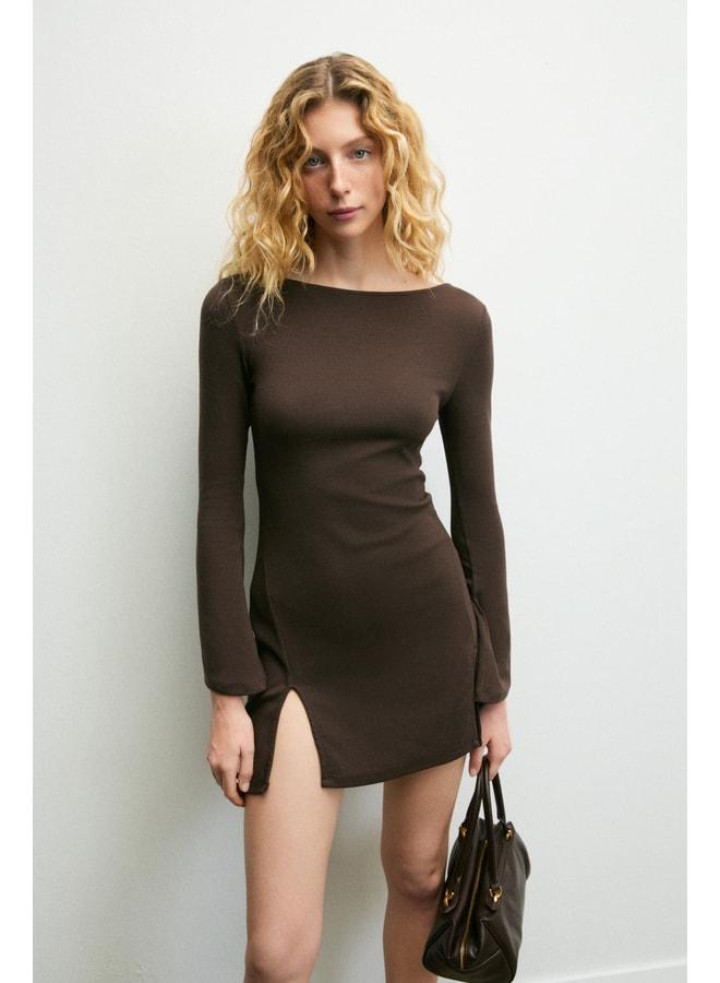 GRIMELANGE MONSERA Women's Soft and Stretch Fabric Waist-Fitted Slit Mini Brown Dress. - Image 3