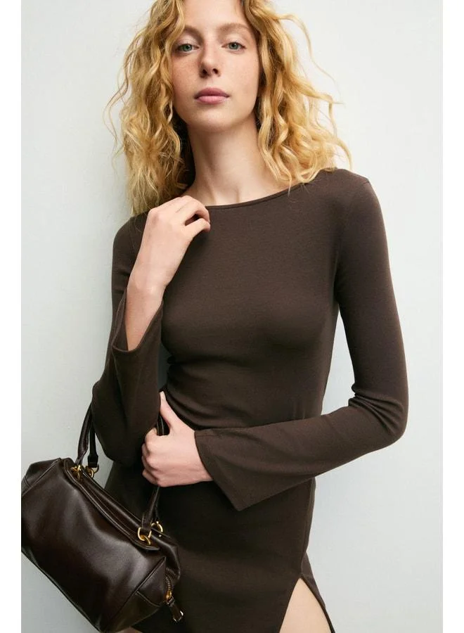 GRIMELANGE MONSERA Women's Soft and Stretch Fabric Waist-Fitted Slit Mini Brown Dress.