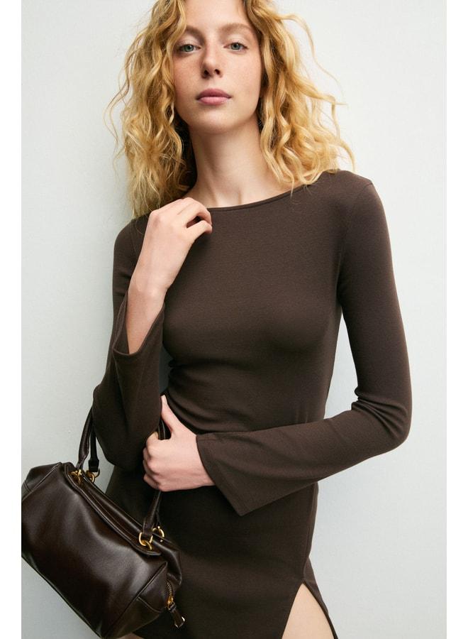 GRIMELANGE MONSERA Women's Soft and Stretch Fabric Waist-Fitted Slit Mini Brown Dress. - Image 2