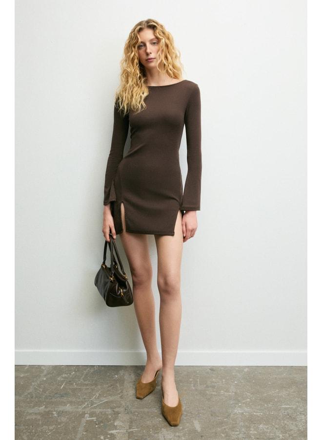 GRIMELANGE MONSERA Women's Soft and Stretch Fabric Waist-Fitted Slit Mini Brown Dress. - Image 1
