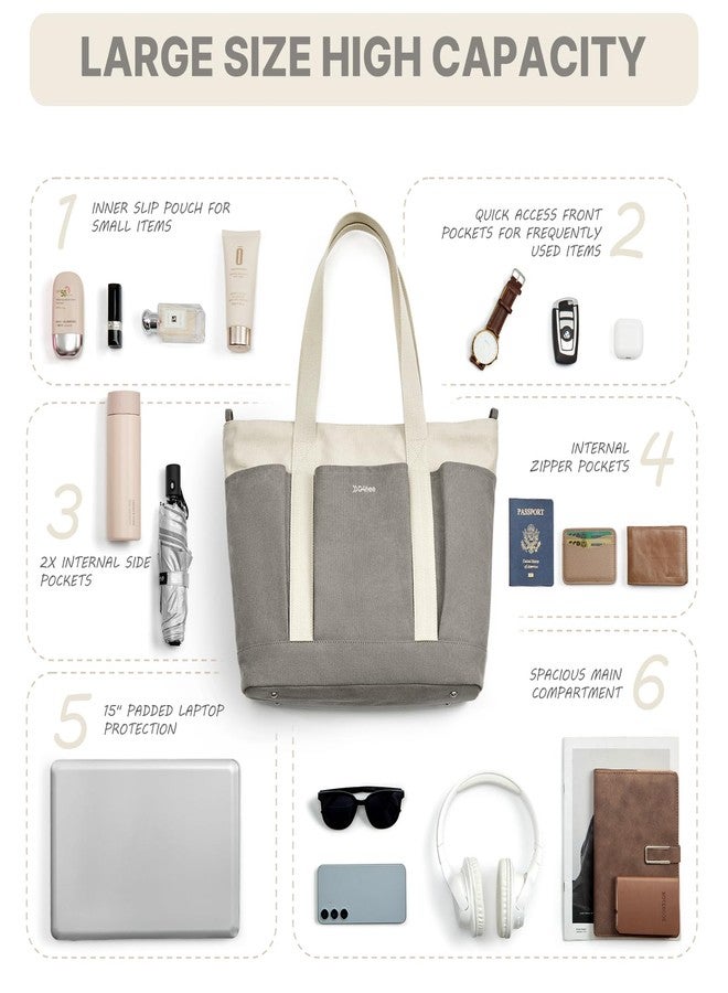 جي4فري حقيبة قماشية كبيرة للنساء مزودة بسحاب، حقيبة متعددة الاستخدامات مع جيوب وجيب مخصص للكمبيوتر المحمول، مناسبة للعمل والسفر والنادي الرياضي (بيج رمادي) - Image 5