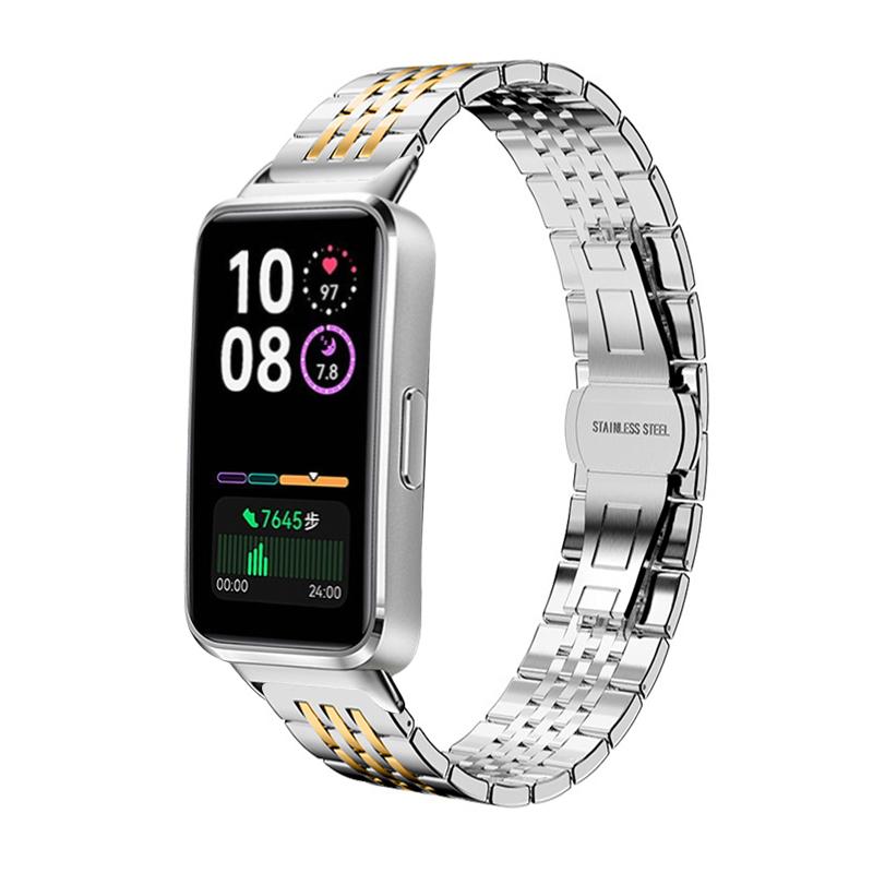 erorex For Huawei Band 10 / 9 / 8 14Mm Seven-Bead Solid Stainless Steel Watch Band(Silver Gold) - Image 1