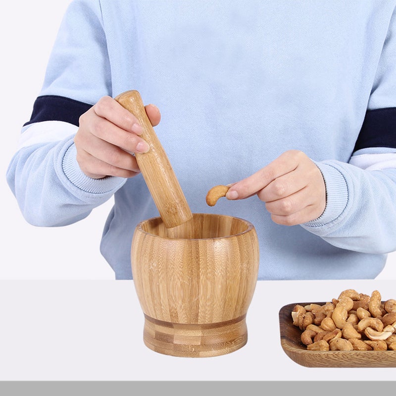 Garlic Press Pot and Pestle Set Household Food Kitchen Accessories for Home Restaurant Kitchen with Lid (Log Color, Medium Size) - Image 5