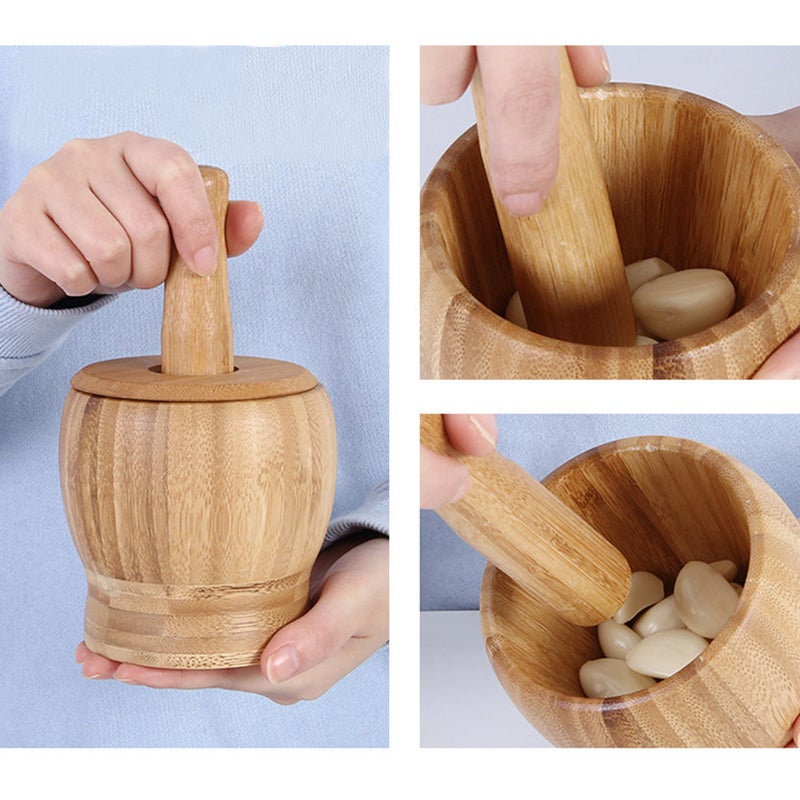 Garlic Press Pot and Pestle Set Household Food Kitchen Accessories for Home Restaurant Kitchen with Lid (Log Color, Medium Size) - Image 3