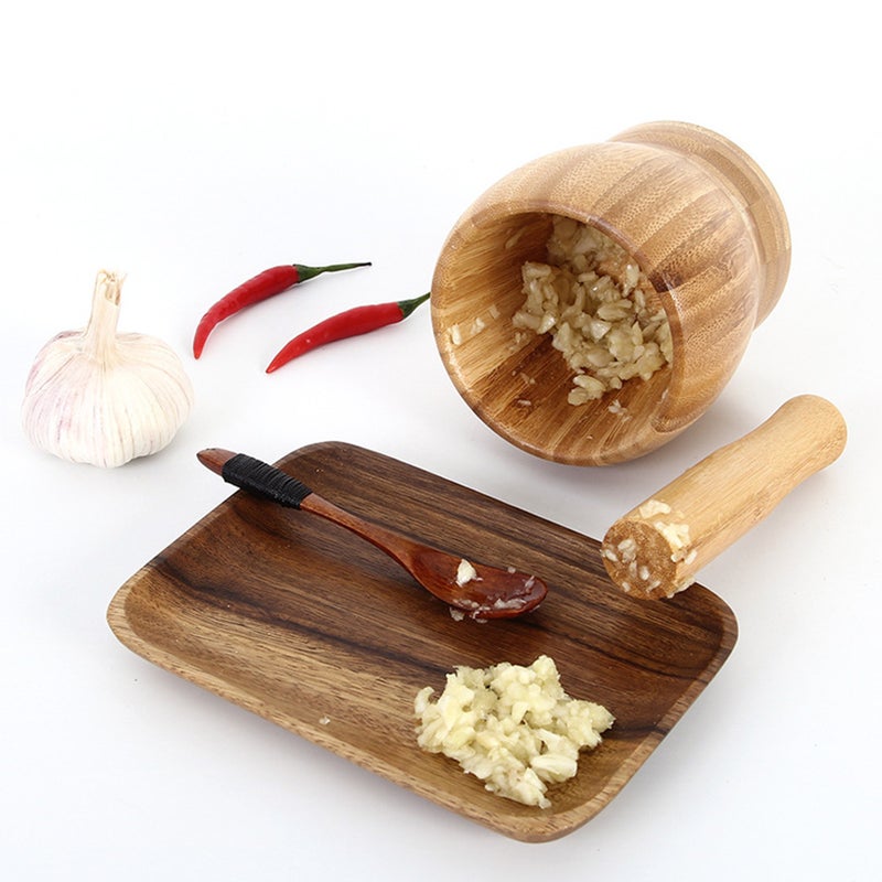 Garlic Press Pot and Pestle Set Household Food Kitchen Accessories for Home Restaurant Kitchen with Lid (Log Color, Medium Size) - Image 1