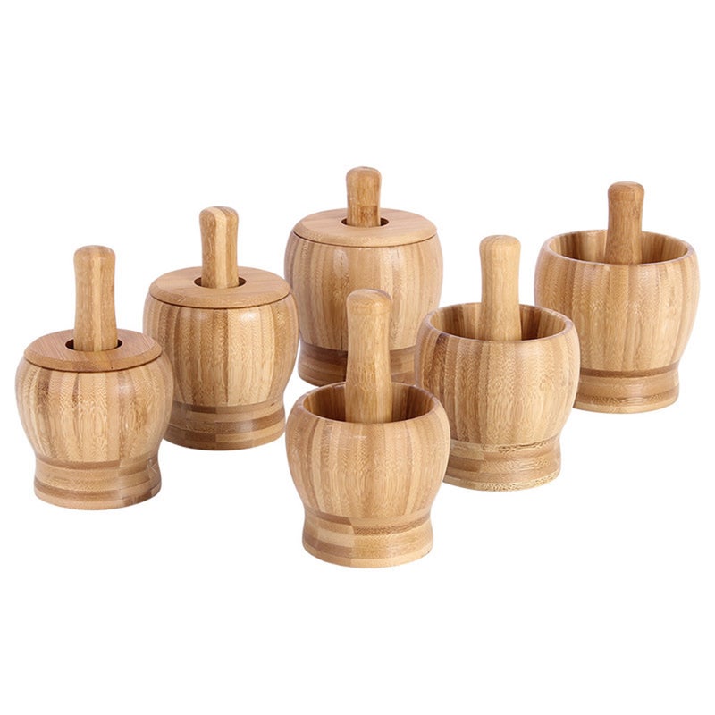 Garlic Press Pot and Pestle Set Household Food Kitchen Accessories for Home Restaurant Kitchen with Lid (Log Color, Medium Size) - Image 4