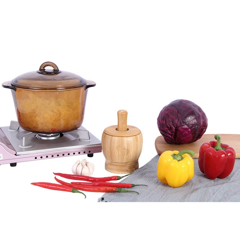 Garlic Press Pot and Pestle Set Household Food Kitchen Accessories for Home Restaurant Kitchen with Lid (Log Color, Medium Size) - Image 2