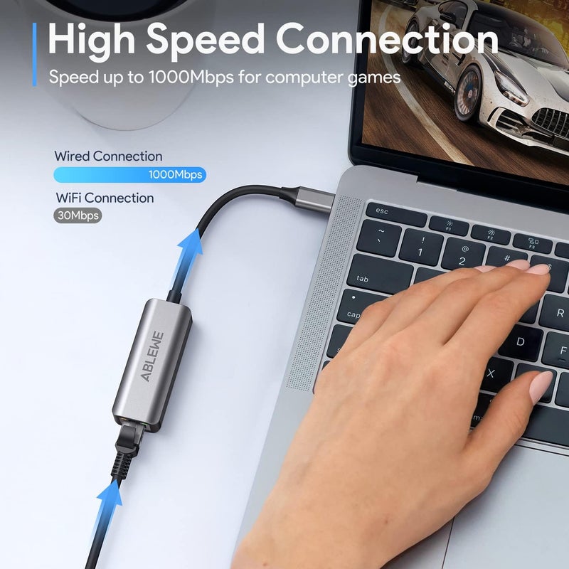 ABLEWE USB C to Ethernet Adapter, Type-C to RJ45 Gigabit Ethernet Adapter, Thunderbolt 3/4 to RJ45 LAN Network Adapter Compatible for MacBook Pro/Air, iPhone 15/16/17 Pro/Max,iMac, iPad Pro, Dell XPS - Image 3