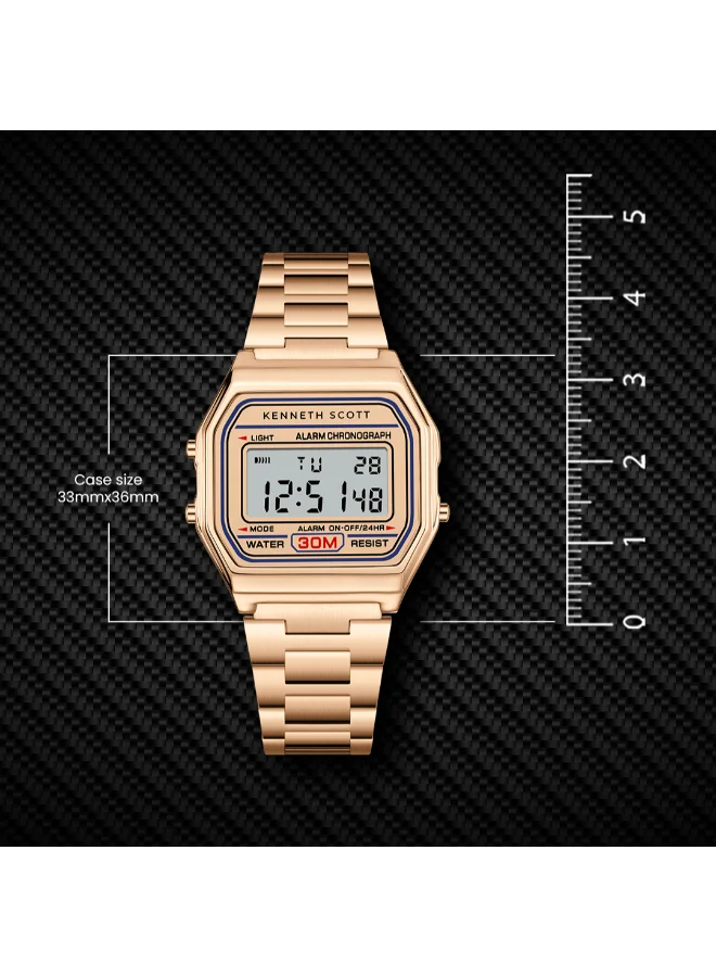 KENNETH SCOTT Men's  Digital Display Watch With Rose Gold Stainless Steel Strap - K25206-RBKK