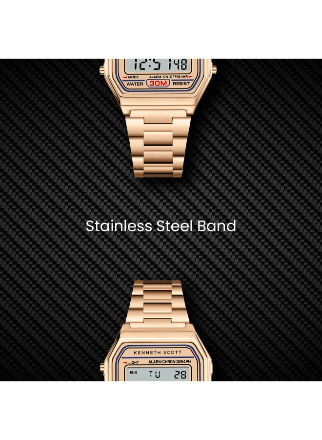 KENNETH SCOTT Men's  Digital Display Watch With Rose Gold Stainless Steel Strap - K25206-RBKK