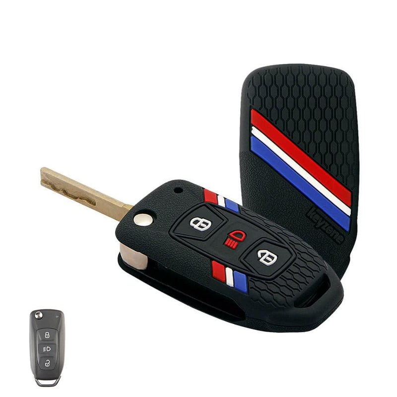KeyZone ® Striped Silicone Key Cover Compatible for Tata Curvv, Nexon, Harrier, Safari, Altroz, Punch, Tigor, Tiago 3 Button Flip (Black) - Image 1