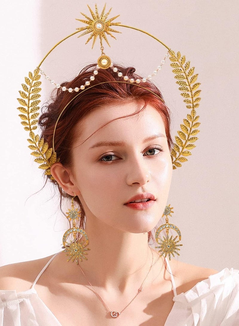 SYOSI Halo Crown Moon Stars Crown Halo Headband Crown Celestial Headband Tiaras Crowns for Women Wedding Bridal Prom Tiara with Star Earrings Dangle  - Image 4