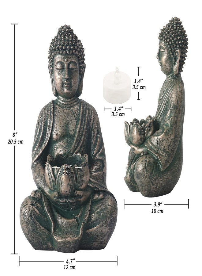 Goodeco Meditation Small Buddha Statue Figurine -Buddha with LED Tea Lights Candle Holder,Gift idea,Zen Home Decor Meditation Accessories,Antique Bronze Look 8" - Image 3