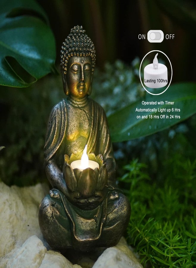 Goodeco Meditation Small Buddha Statue Figurine -Buddha with LED Tea Lights Candle Holder,Gift idea,Zen Home Decor Meditation Accessories,Antique Bronze Look 8" - Image 2