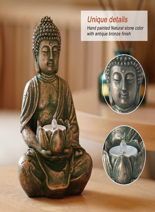 Goodeco Meditation Small Buddha Statue Figurine -Buddha with LED Tea Lights Candle Holder,Gift idea,Zen Home Decor Meditation Accessories,Antique Bronze Look 8" - Image 4