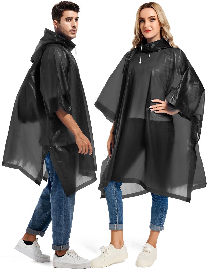 Borogo 2 Pack Rain Ponchos for Adults Reusable - Raincoats Survival Emergency Heavy Duty Rain Coat with Drawstring Hood Black - Image 1