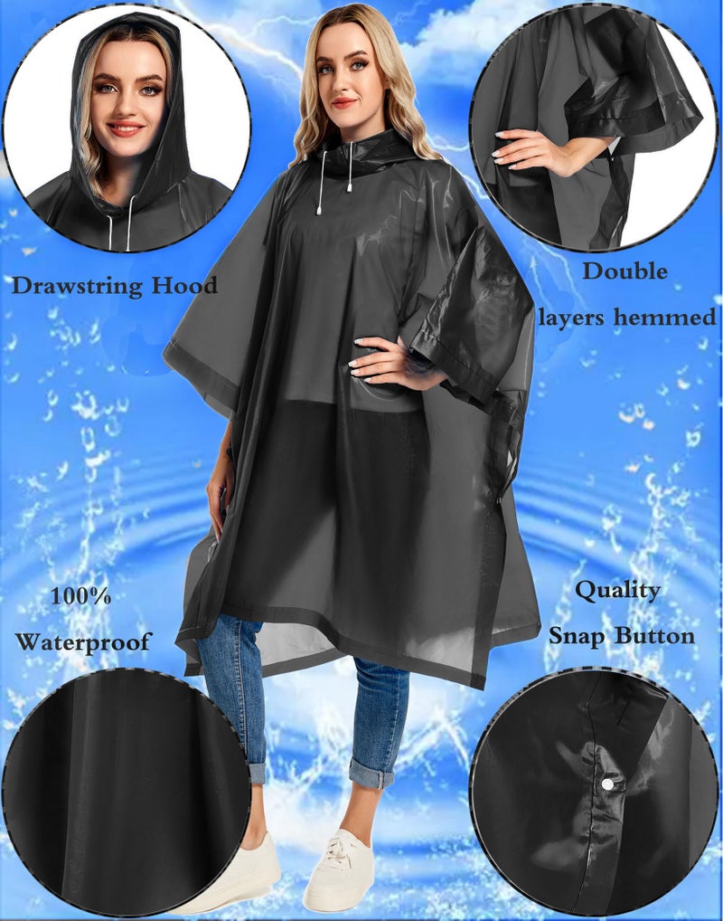 Borogo 2 Pack Rain Ponchos for Adults Reusable - Raincoats Survival Emergency Heavy Duty Rain Coat with Drawstring Hood Black - Image 3