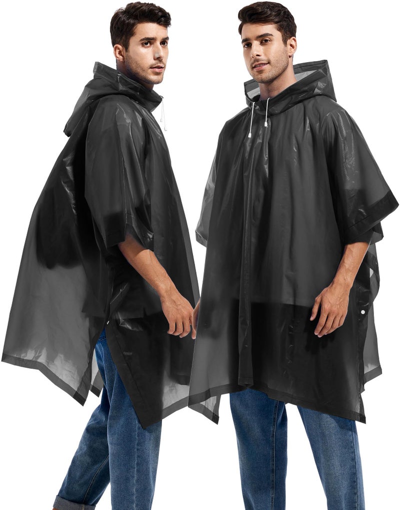 Borogo 2 Pack Rain Ponchos for Adults Reusable - Raincoats Survival Emergency Heavy Duty Rain Coat with Drawstring Hood Black - Image 2