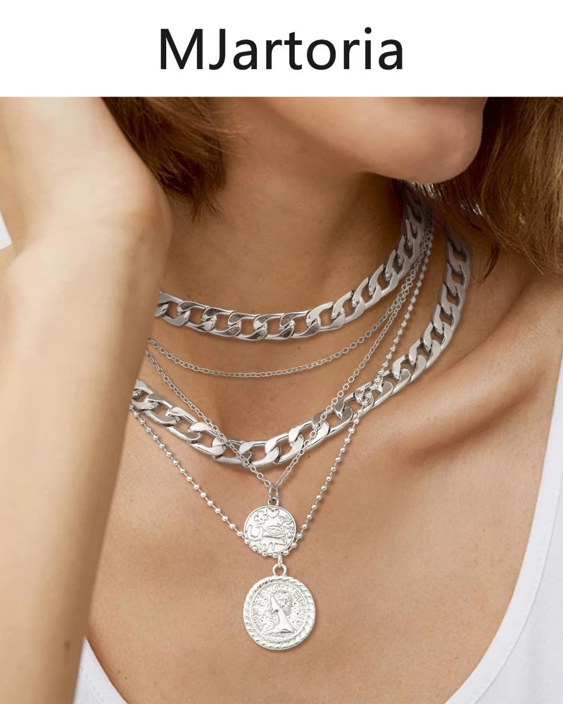 MJartoria Layered Necklaces for Women Trendy Retro Coin Pendant Necklace Dainty Chunky Chain Choker Necklaces for Jewelry Birthday Gifts (Silvery, A-Retro Coin-5 in 1 Layered) - Image 3