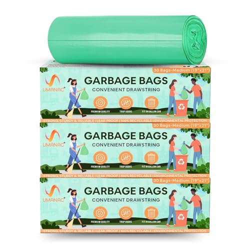 Umanac Garbage Bags - 30N | Medium (19x21) | Green Trash Bags | 100% Recyclable | Heavy Duty Dustbin Bags | Leak-Proof | Odour Control | Detachable Drawstring | Pack of 3 - Image 1