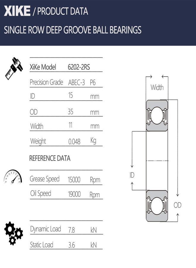 XiKe 2Pcs 6202-2RS Double Rubber Seal Bearings 15 x 35 x 11mm, Pre-Lubricated and Constant Performance and Cost Effect, Deep Groove Ball Bearings. - Image 2