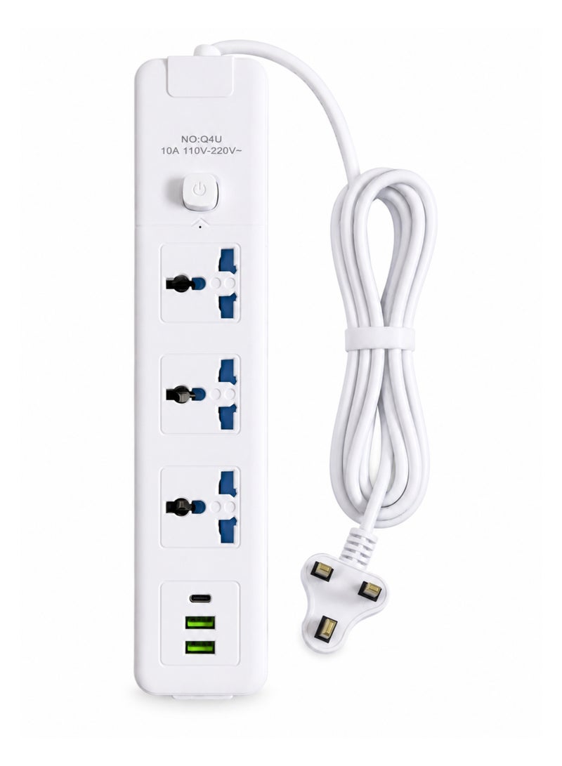3 Universal AC Outlets Power Strip with 2 USB + 1 USB-C Port, 2M UK Plug Extension Cord, Power Switch - Image 1