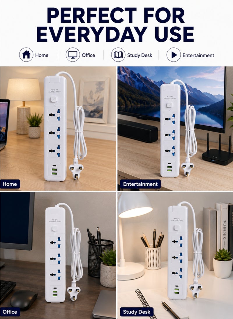 3 Universal AC Outlets Power Strip with 2 USB + 1 USB-C Port, 2M UK Plug Extension Cord, Power Switch - Image 3