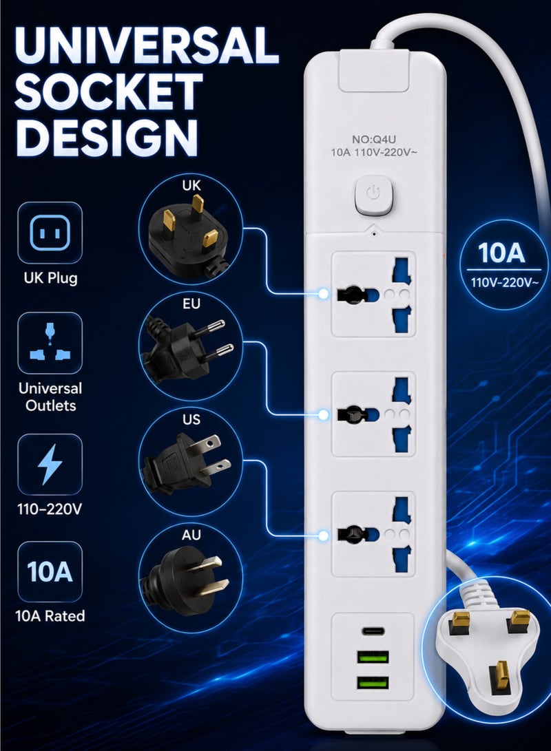 3 Universal AC Outlets Power Strip with 2 USB + 1 USB-C Port, 2M UK Plug Extension Cord, Power Switch - Image 4