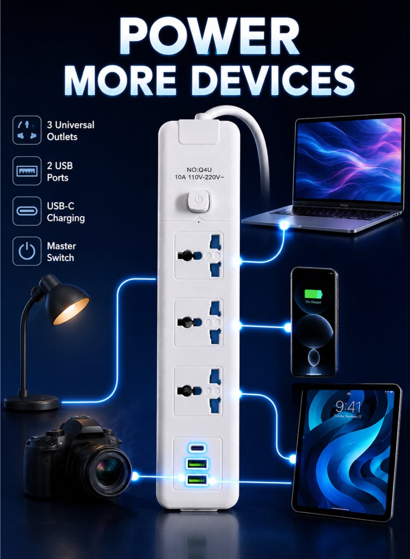 3 Universal AC Outlets Power Strip with 2 USB + 1 USB-C Port, 2M UK Plug Extension Cord, Power Switch - Image 2