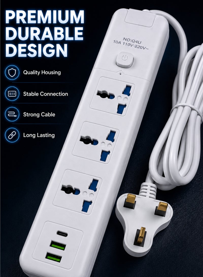 3 Universal AC Outlets Power Strip with 2 USB + 1 USB-C Port, 2M UK Plug Extension Cord, Power Switch - Image 5