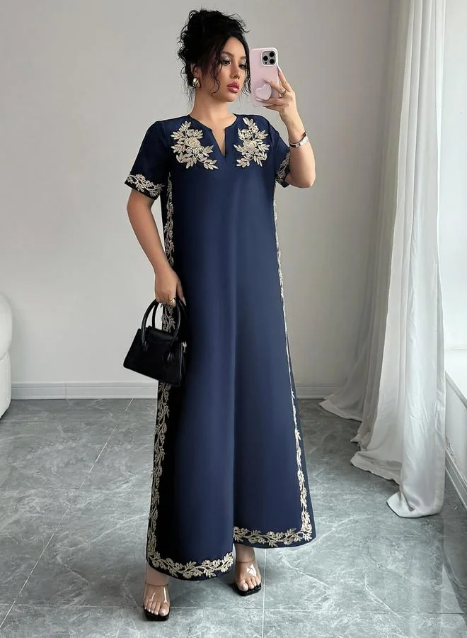 Take Two Navy Blue Floral Embroidered Jalabiya
