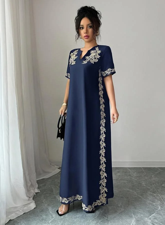 Take Two Navy Blue Floral Embroidered Jalabiya