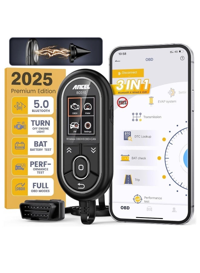 أنسيل جهاز فحص OBD2 BD310 - جهاز فحص OBD2 ثلاثي الوظائف ببلوتوث - أداة فحص OBDII تعتمد على تطبيق للأندرويد والآيفون - قارئ أكواد ضوء المحرك - متصل سلكي وبلوتوث وعرض معلومات على الشاشة الأمامية - Image 1