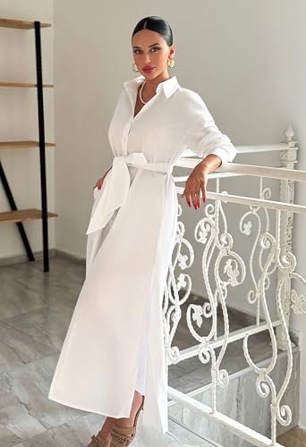 Choichic Shirt Dresses for Women Oversized Side Slit Long Sleeve Button Down T Shirt Dress Maxi Dresses Cover Up with Pockets Belt Medium White - Image 2