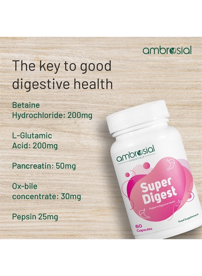 ambrosial Super Digest with Betaine hcl Pepsin, Ox-Bile, Pancreatin & L-Glutamic Acid | Digestive Enzyme Supplements to Support Optimal Digestion & Gut Health (Pack of 1-60 Capsules) - Image 2