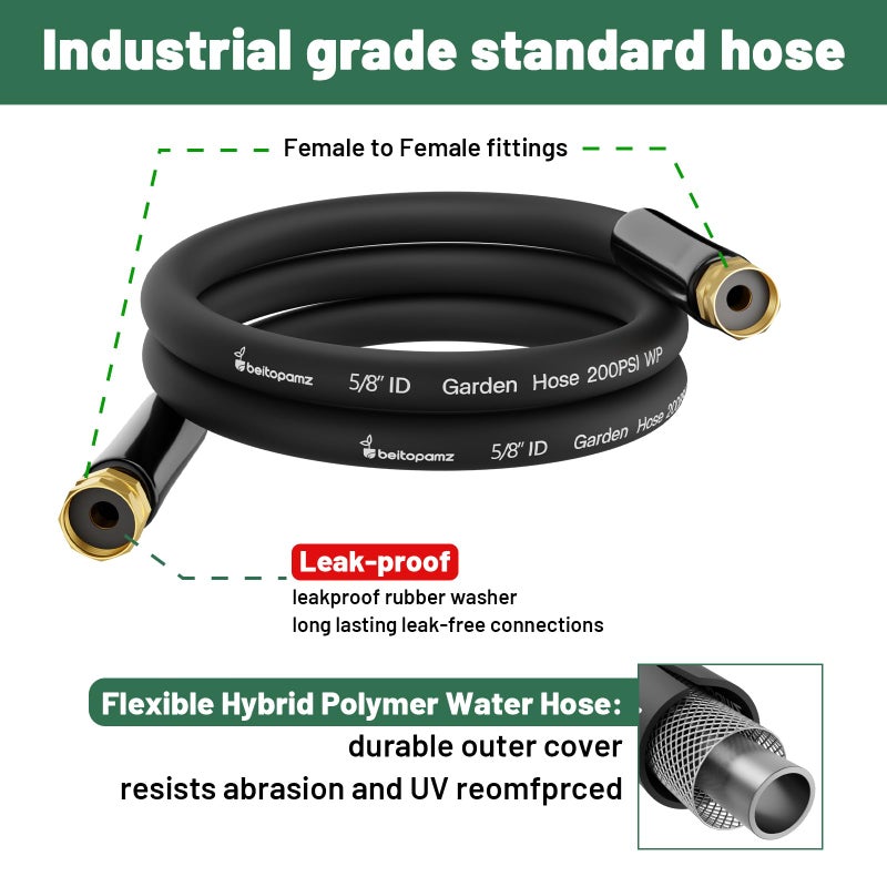 Beitopamz Short Garden Hose 5 ft x 5/8" Female to Female, Heavy Duty Small Water Hose Extender Connector, Leak-Free Connections Hybrid Rubber Leader Hose with 3/4" Double GHT Fittings, Black - Image 2